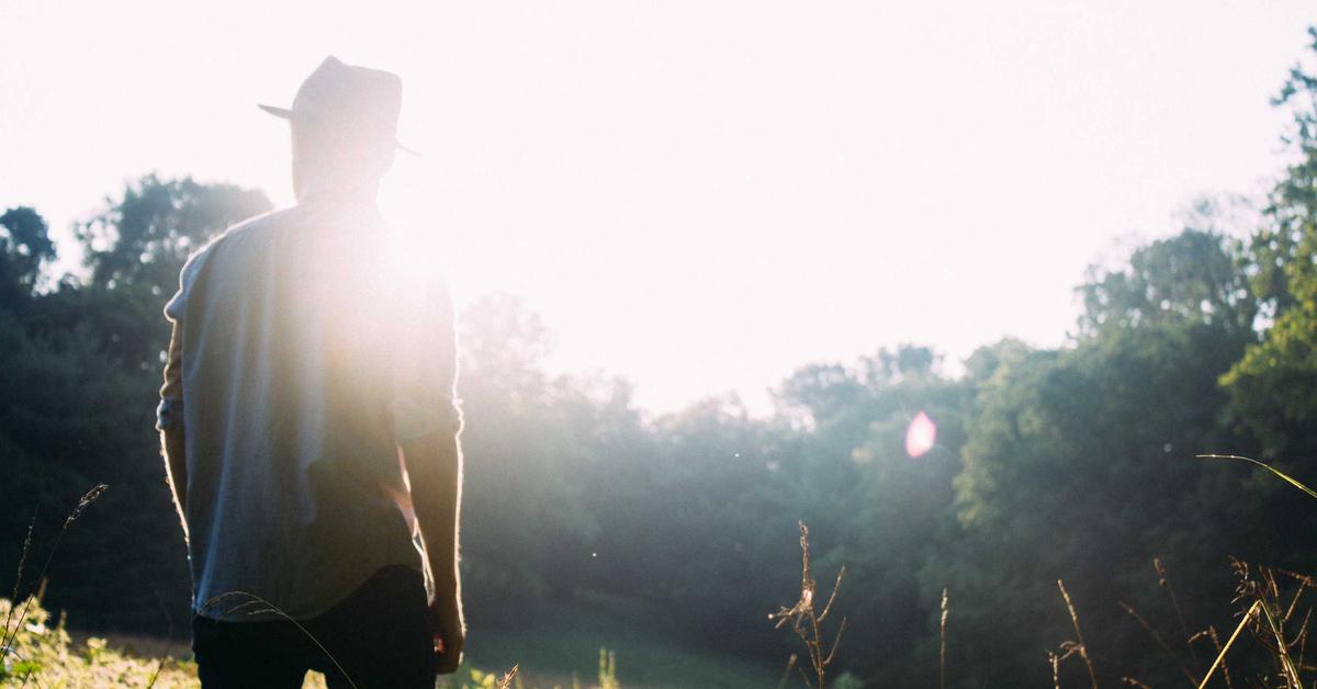 Person wearing a hat standing in a sunlit field, back to camera, early morning or late afternoon glow blocking part of the view.